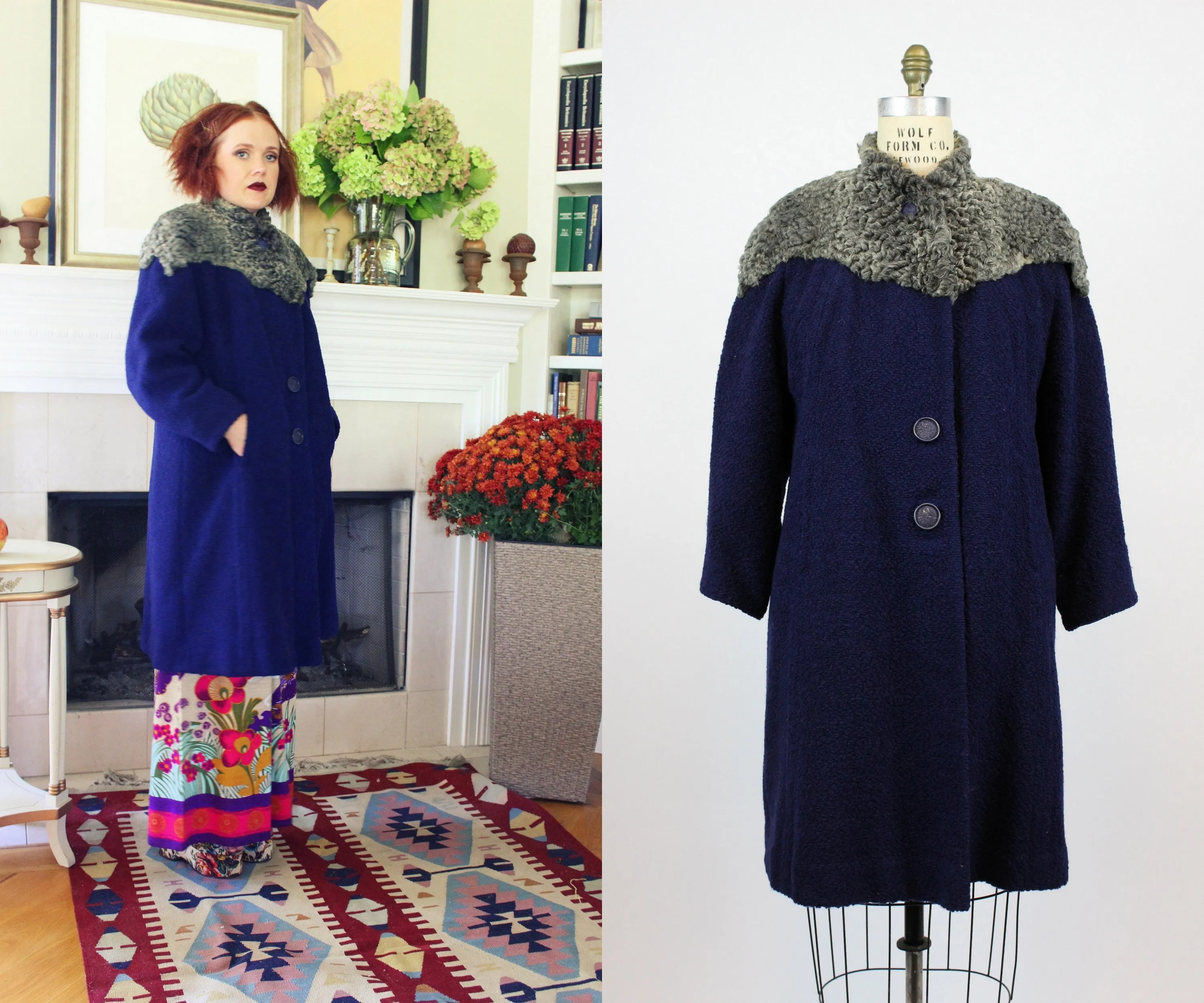 1940's navy boucle fur cape coat large | new fall