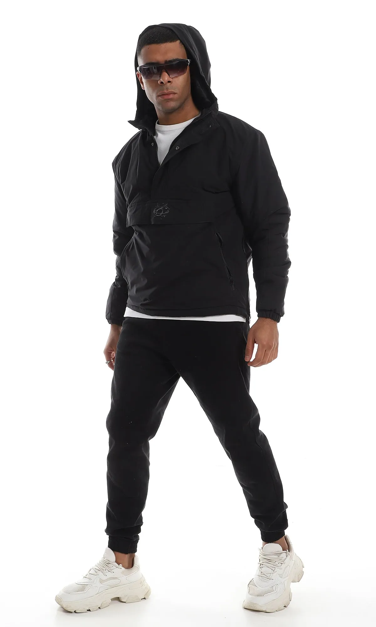 96104 3 Pockets Triple Closure Hooded Black Sweater