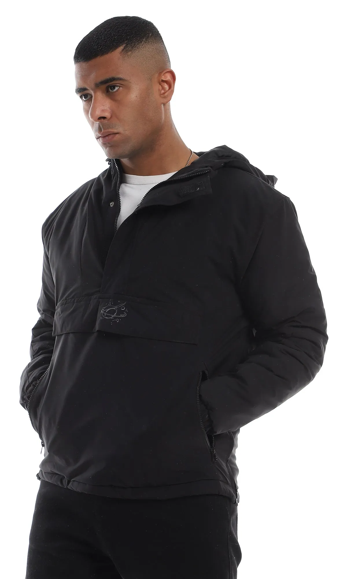96104 3 Pockets Triple Closure Hooded Black Sweater