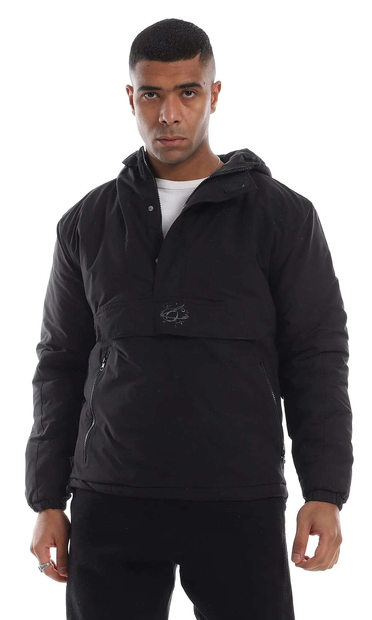 96104 3 Pockets Triple Closure Hooded Black Sweater