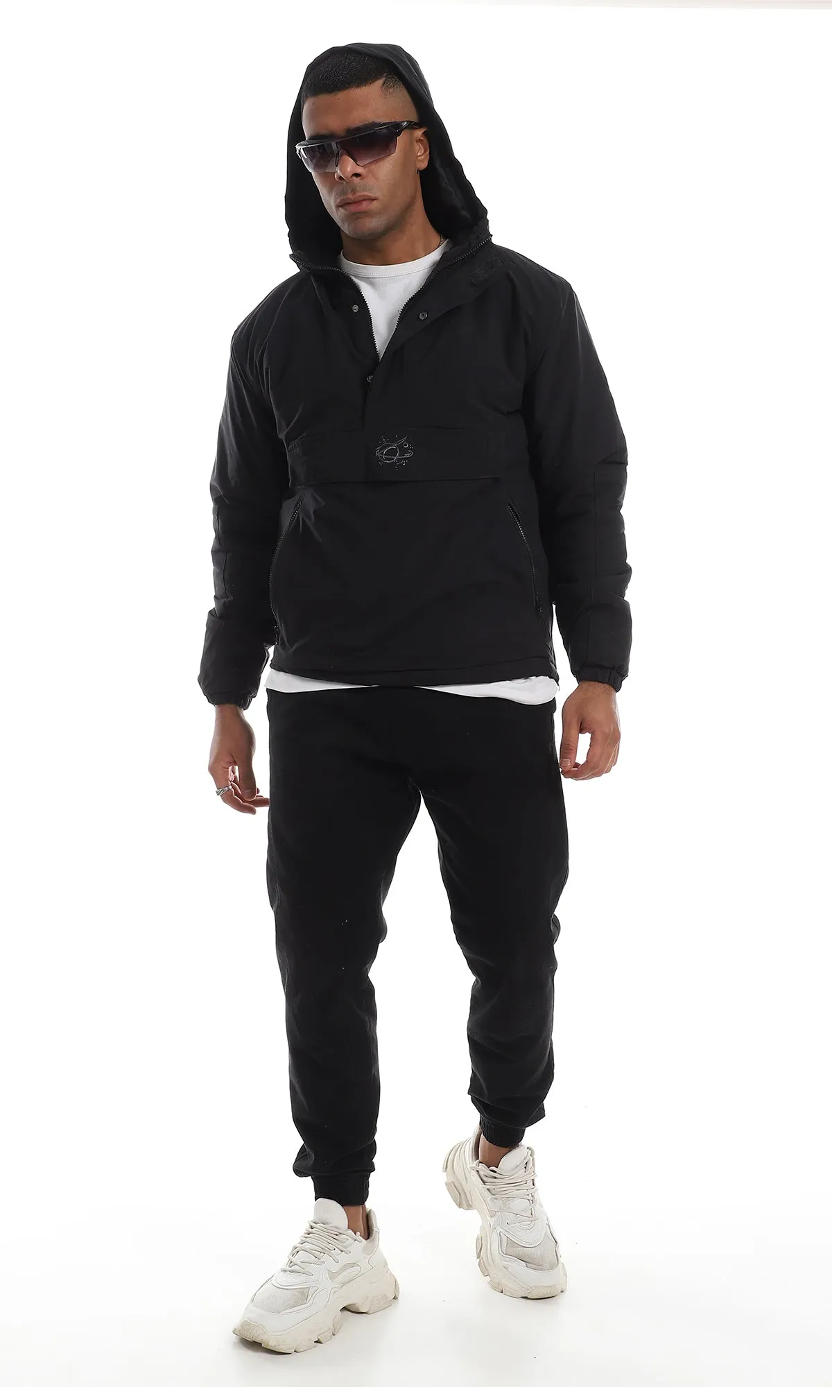 96104 3 Pockets Triple Closure Hooded Black Sweater