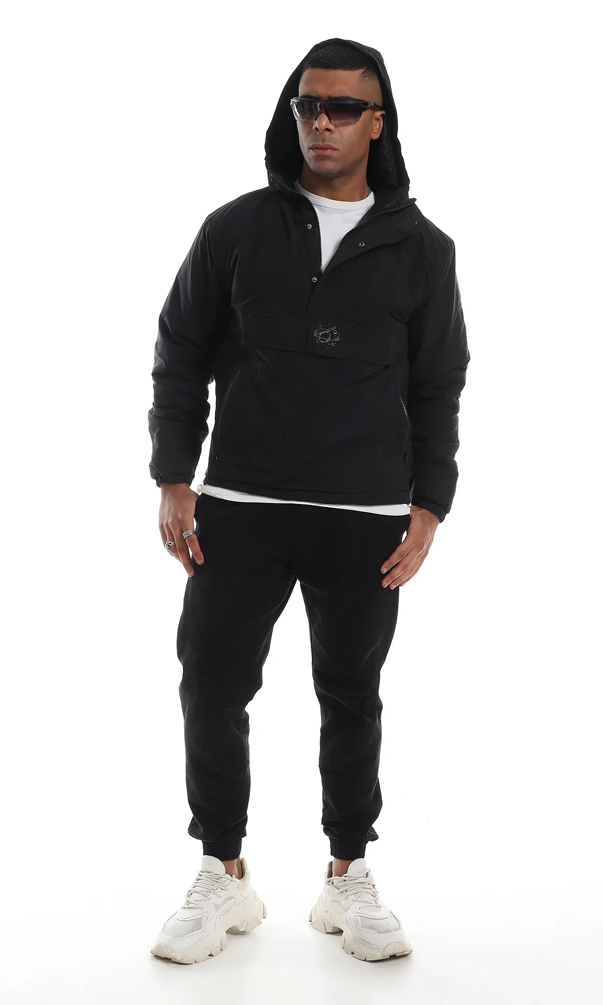 96104 3 Pockets Triple Closure Hooded Black Sweater