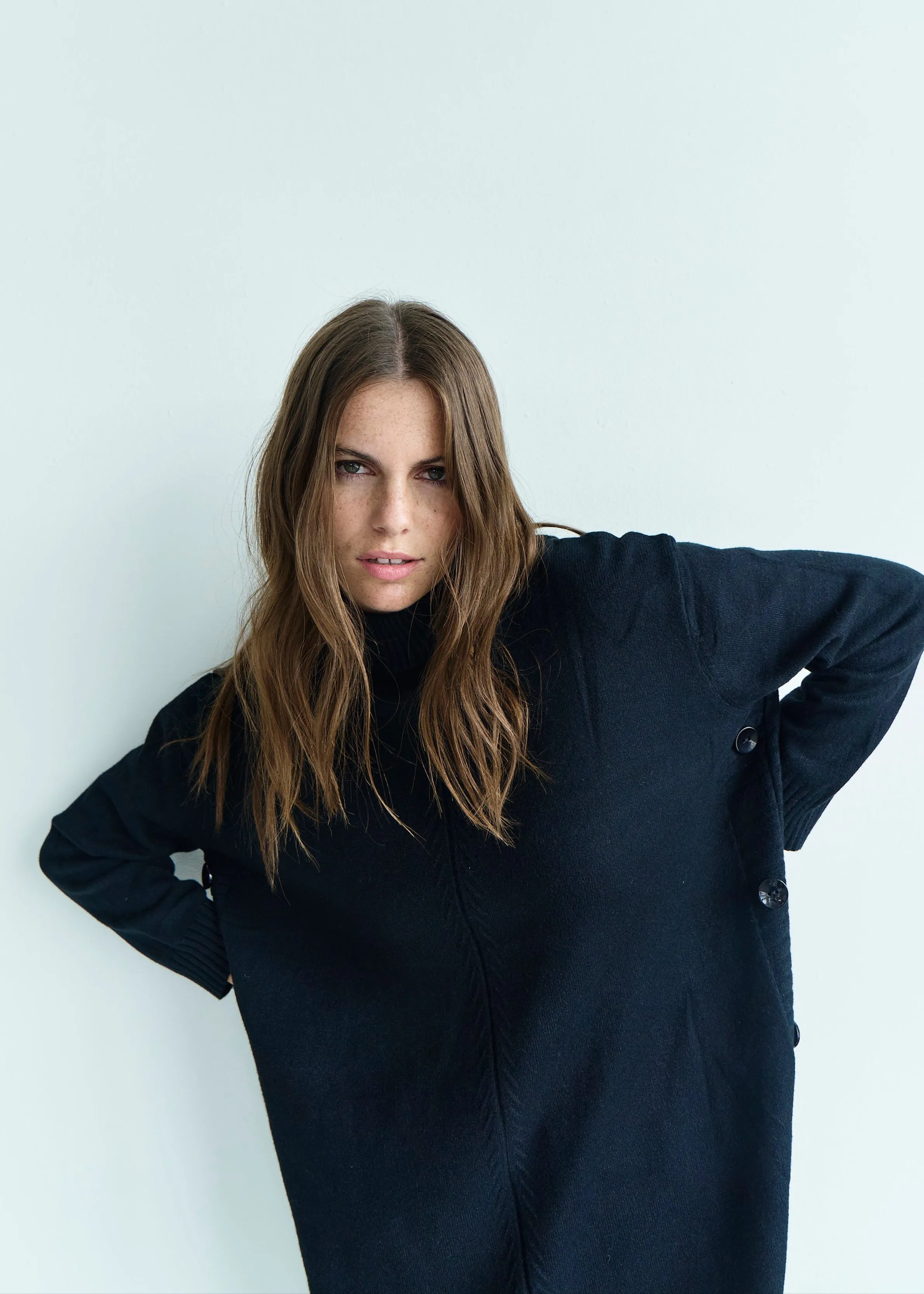 Audrey Knitted Viscose Tunic with Side Buttons in Black