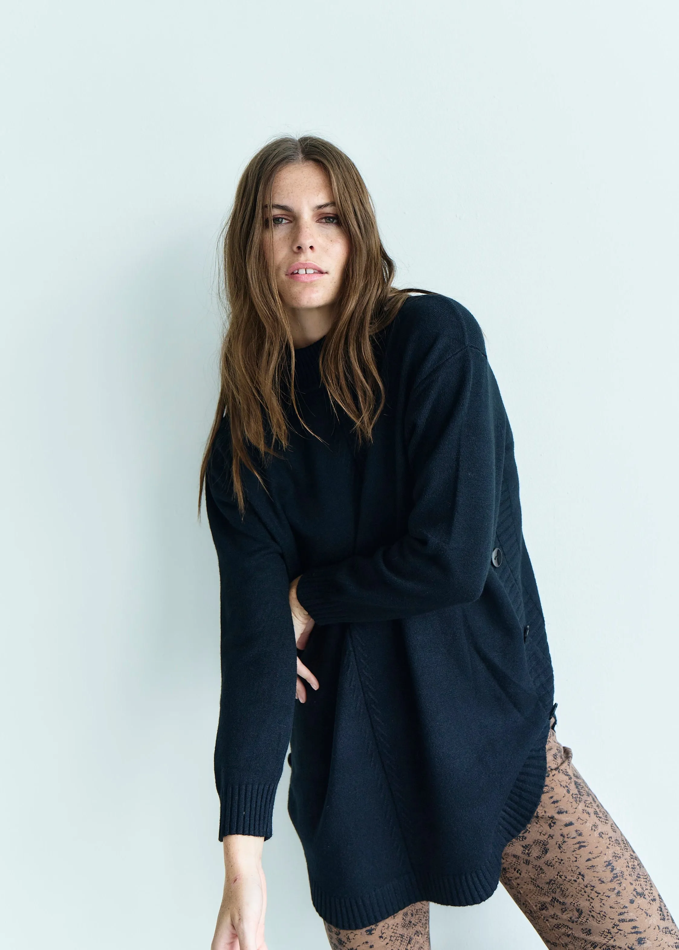 Audrey Knitted Viscose Tunic with Side Buttons in Black