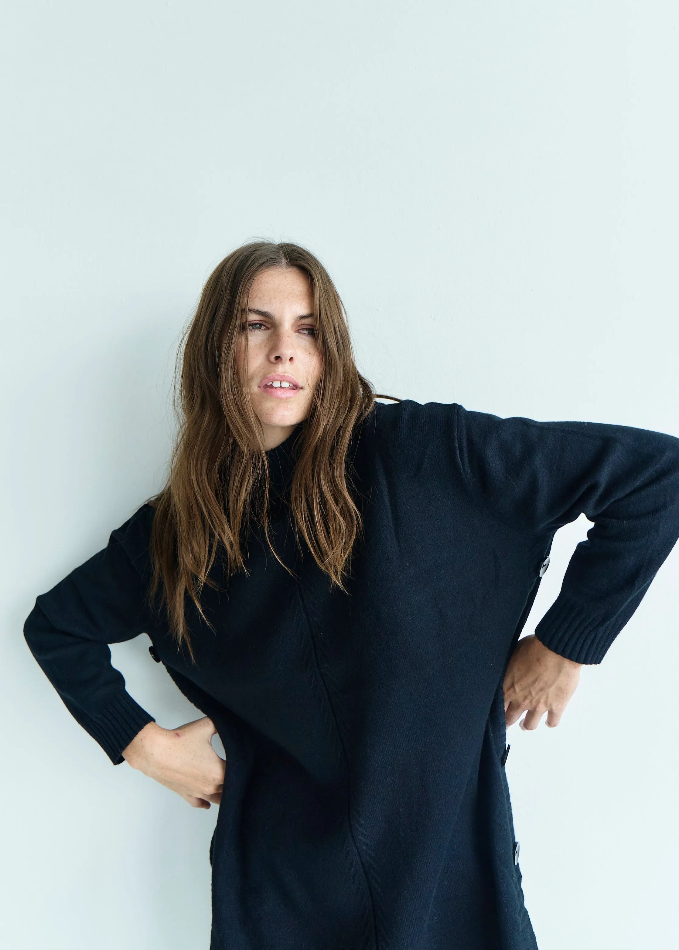 Audrey Knitted Viscose Tunic with Side Buttons in Black