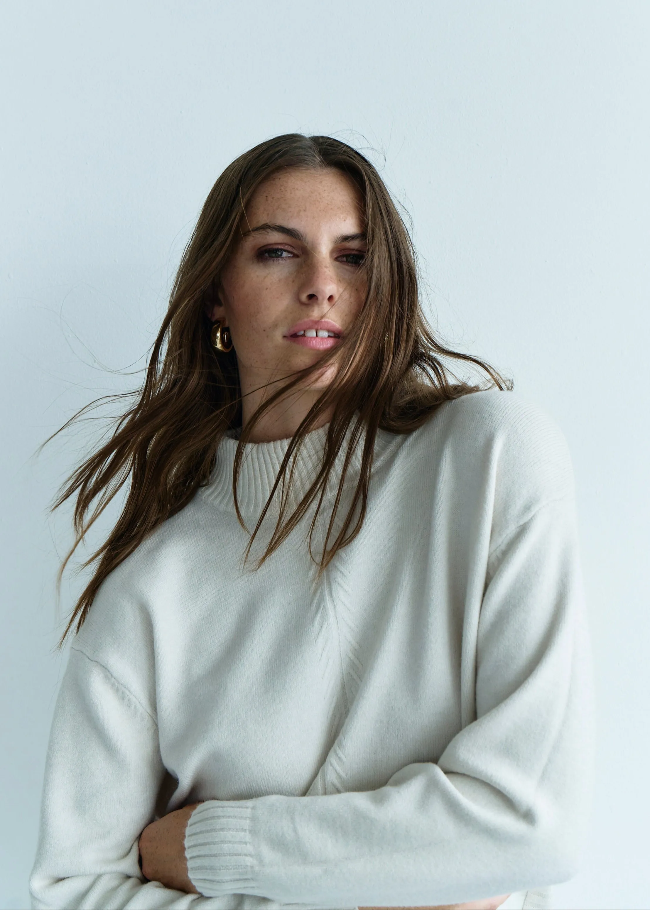 Audrey Knitted Viscose Tunic with Side Buttons in Cream