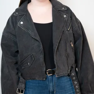 Black Wash Denim Biker Jacket