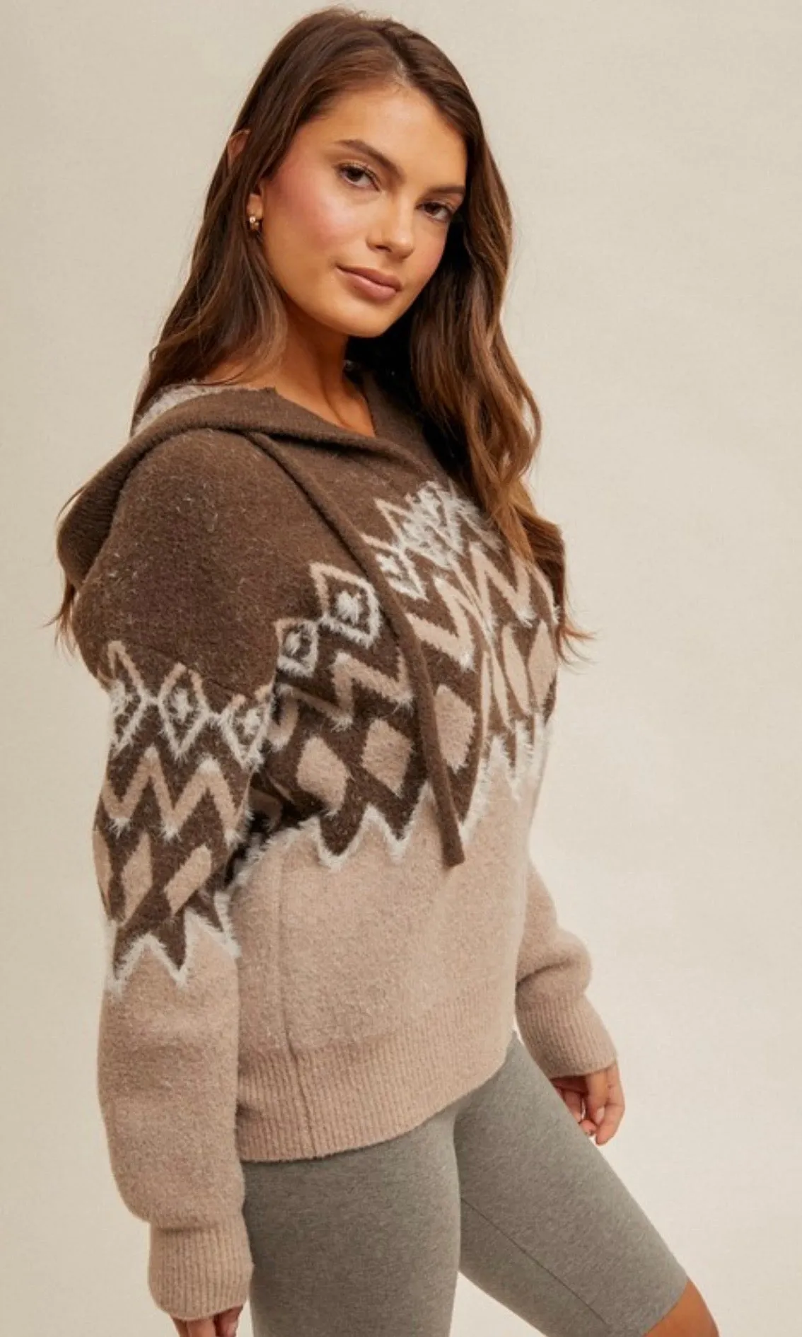 Brea Brown Nordic V Neck Hoodie Sweater