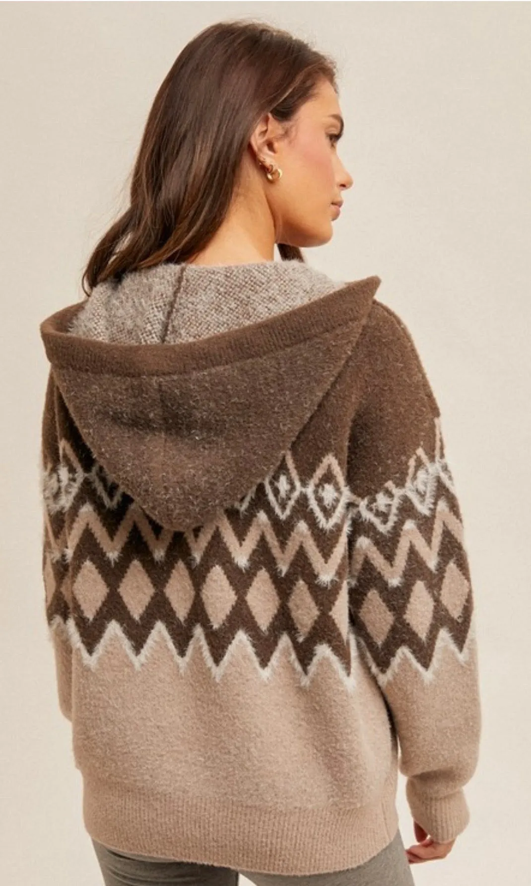 Brea Brown Nordic V Neck Hoodie Sweater