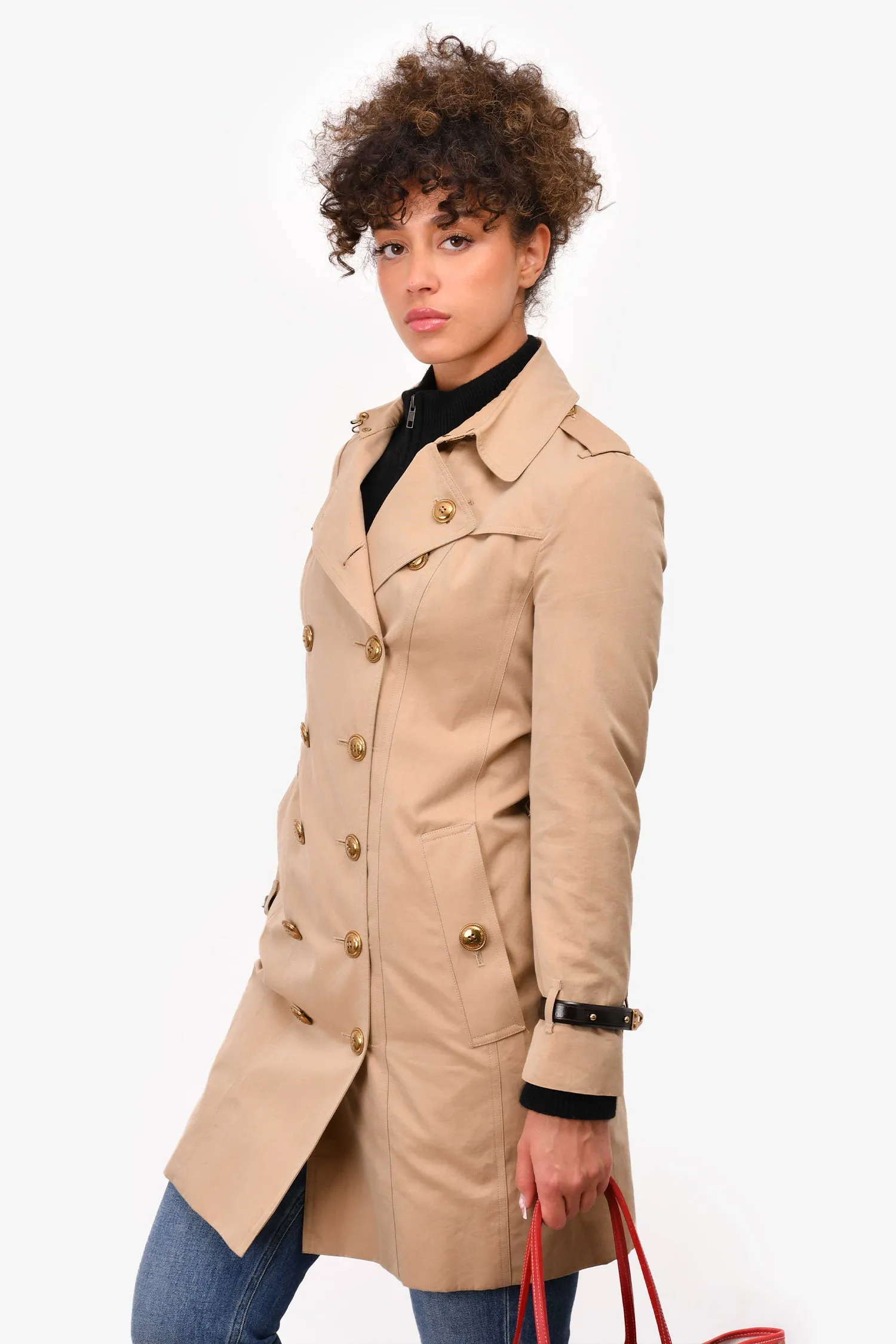 Burberry Beige Double Breasted Leather Detailed Trench Coat Size 4 US (As Is)