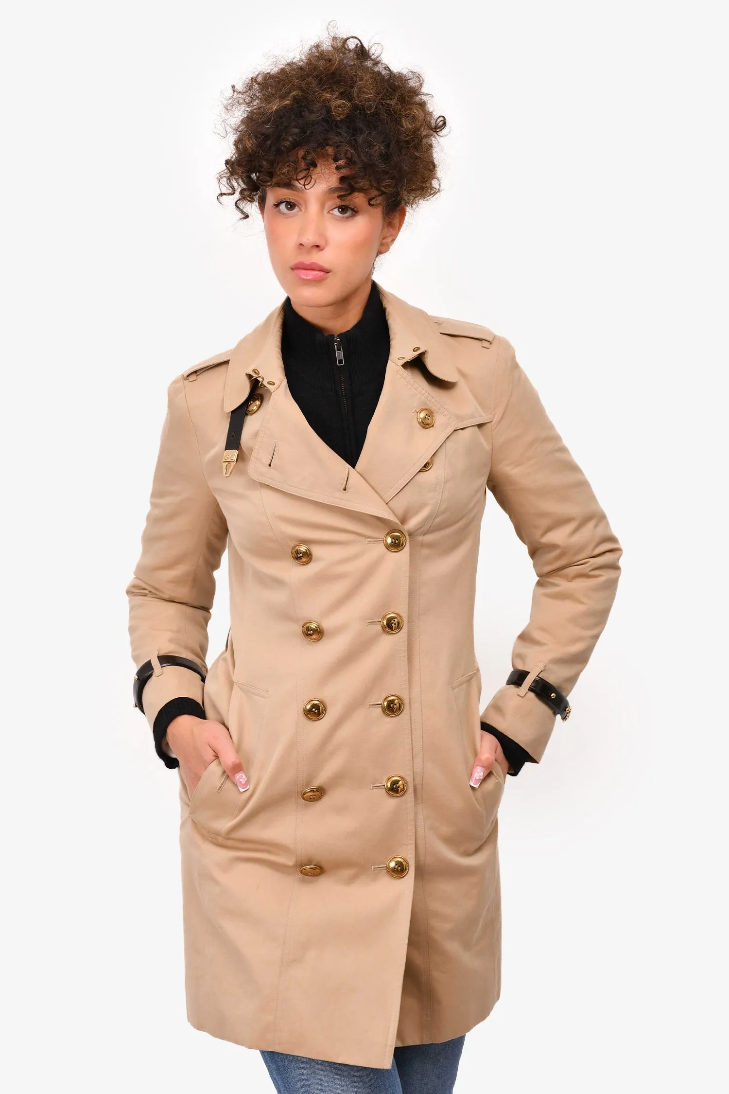 Burberry Beige Double Breasted Leather Detailed Trench Coat Size 4 US (As Is)