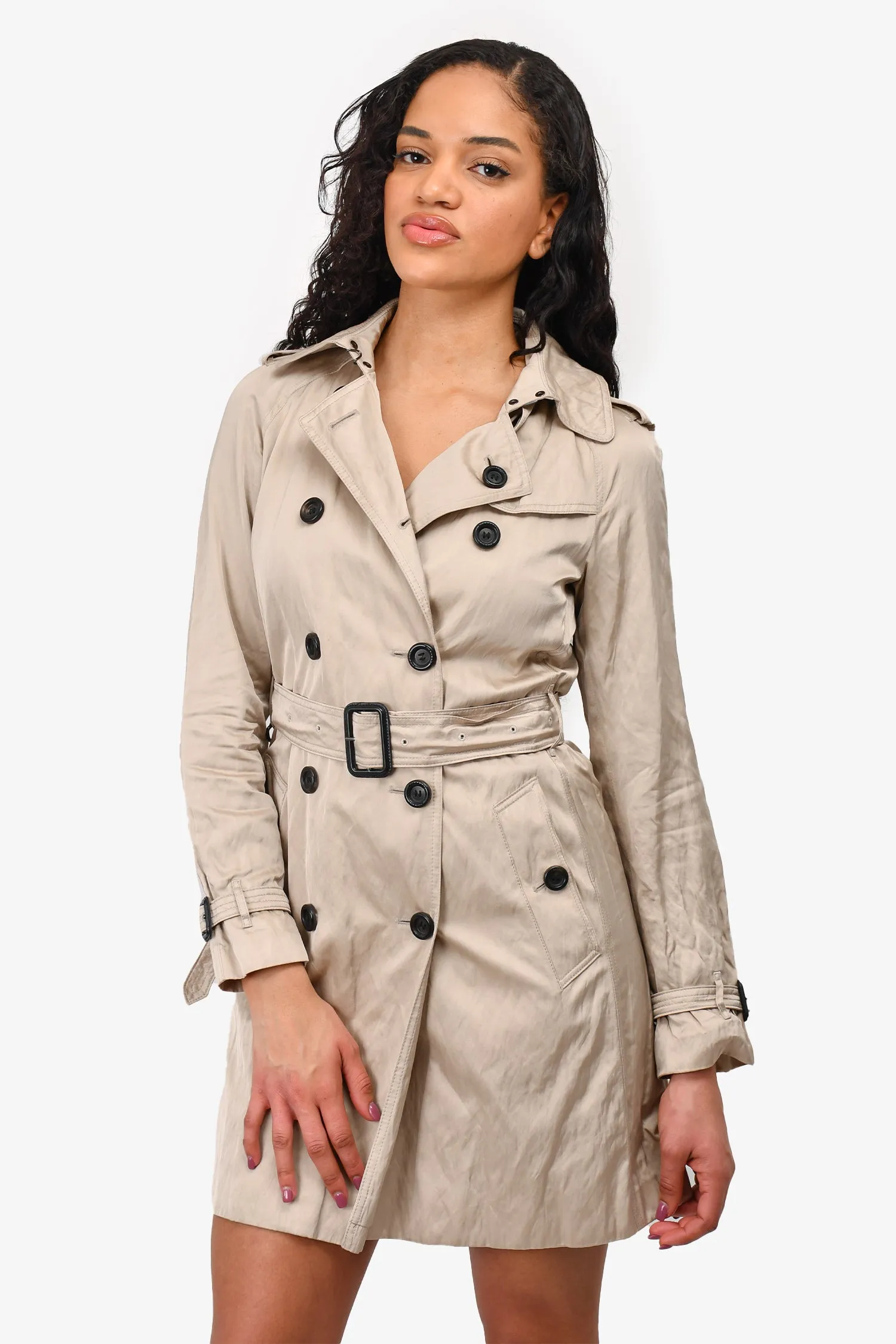 Burberry London Beige Satin Double Breasted Short Trench Coat Size 2 US With Belt