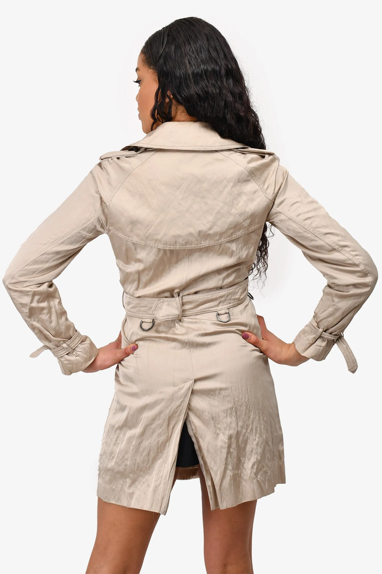 Burberry London Beige Satin Double Breasted Short Trench Coat Size 2 US With Belt