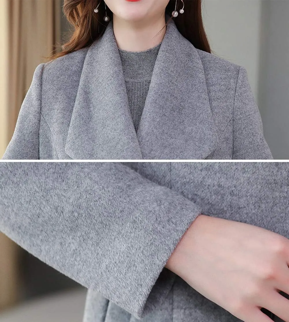 chouyatou Women's Chic Shawl Collar Work Double Breasted Maxi Long Wool Pea Coat