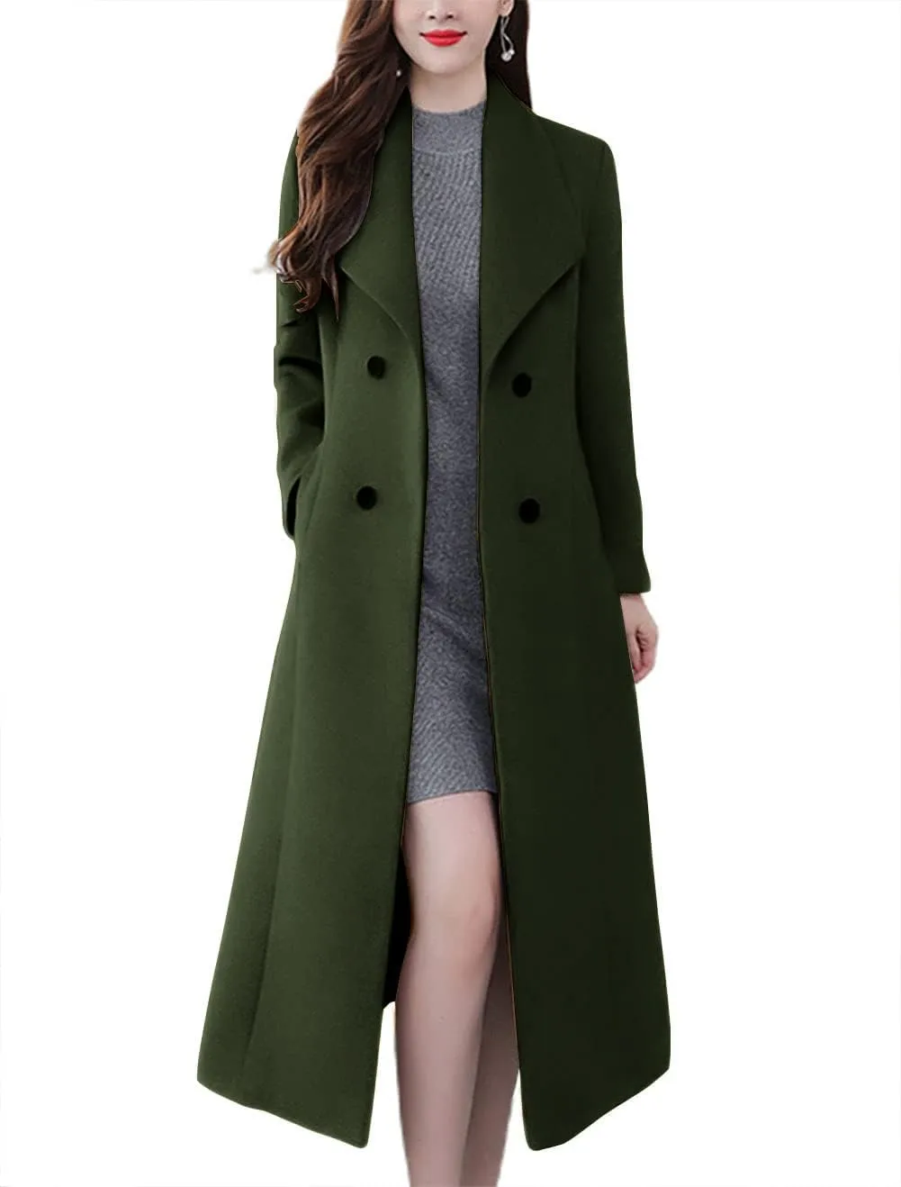 chouyatou Women's Chic Shawl Collar Work Double Breasted Maxi Long Wool Pea Coat