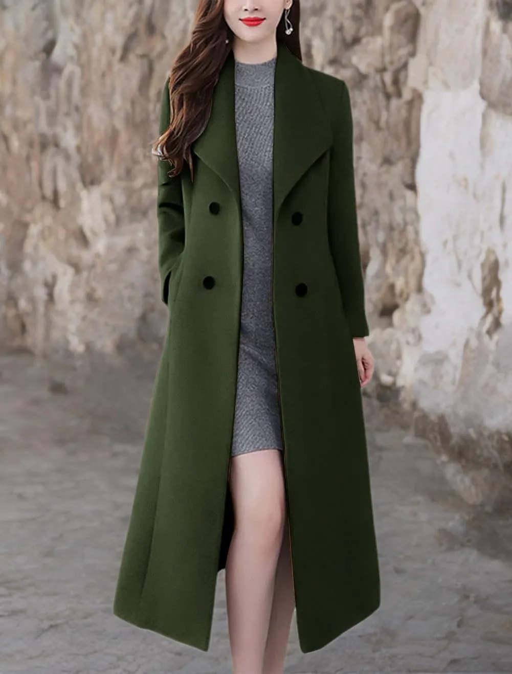 chouyatou Women's Chic Shawl Collar Work Double Breasted Maxi Long Wool Pea Coat