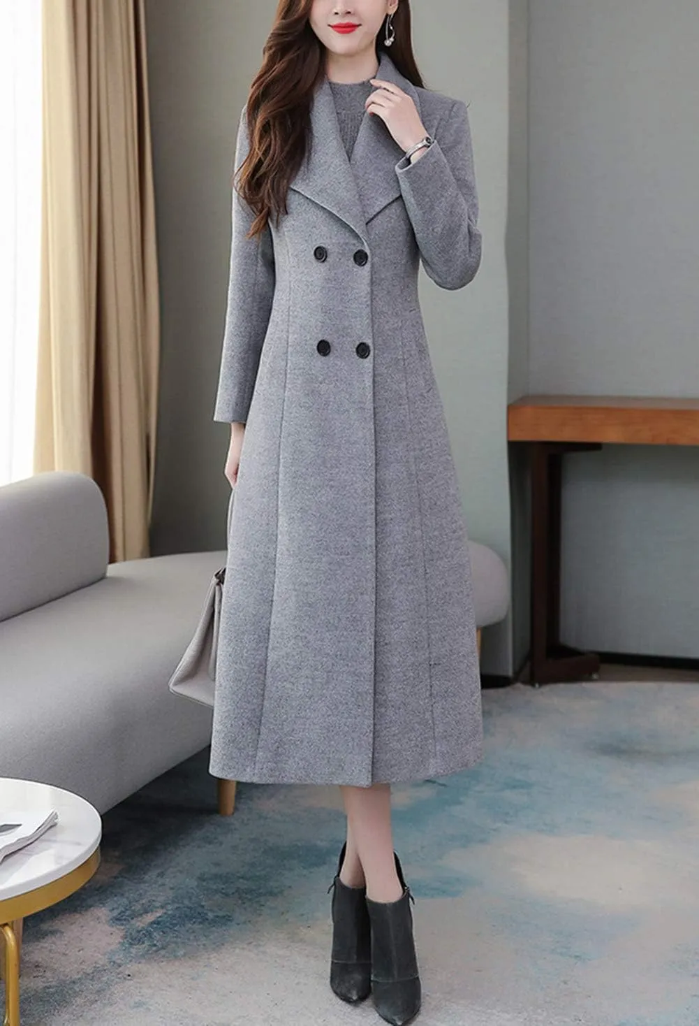 chouyatou Women's Chic Shawl Collar Work Double Breasted Maxi Long Wool Pea Coat