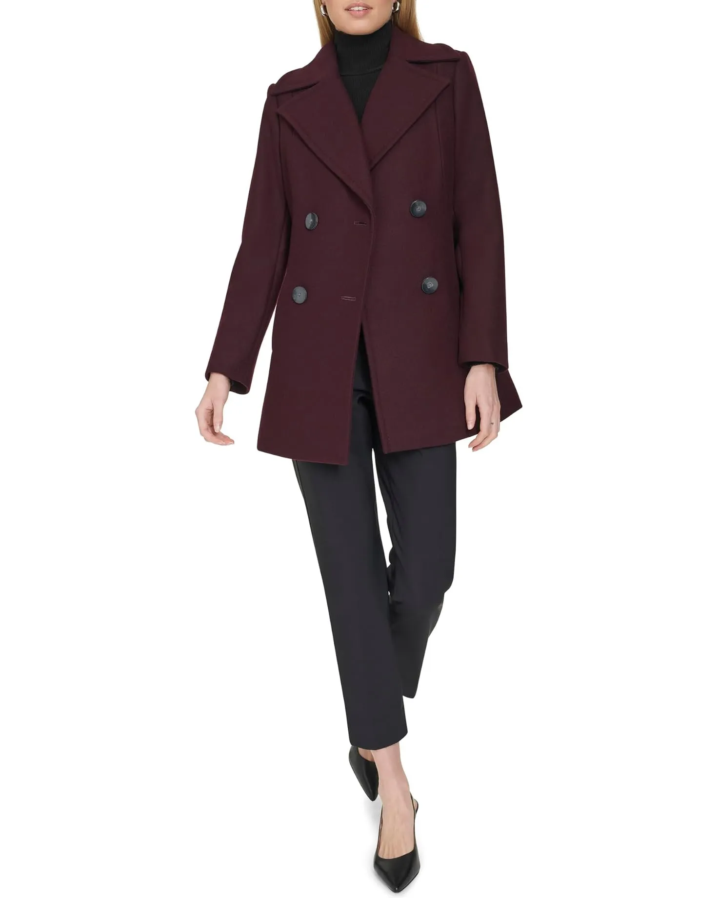 Cole Haan Wool Twill Double Breasted Peacoat - Wine