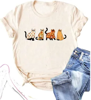Halloween Ghost Shirts Women Cute Spooky Season Fall Graphic Tees Ghost Print Halloween Costume T-Shirt Tops