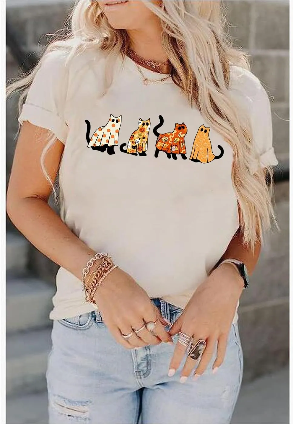 Halloween Ghost Shirts Women Cute Spooky Season Fall Graphic Tees Ghost Print Halloween Costume T-Shirt Tops