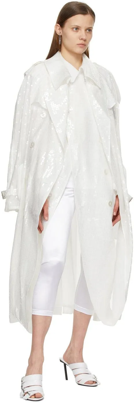 Junya Watanabe White Sequin Organdy Double-Breasted Trench Coat