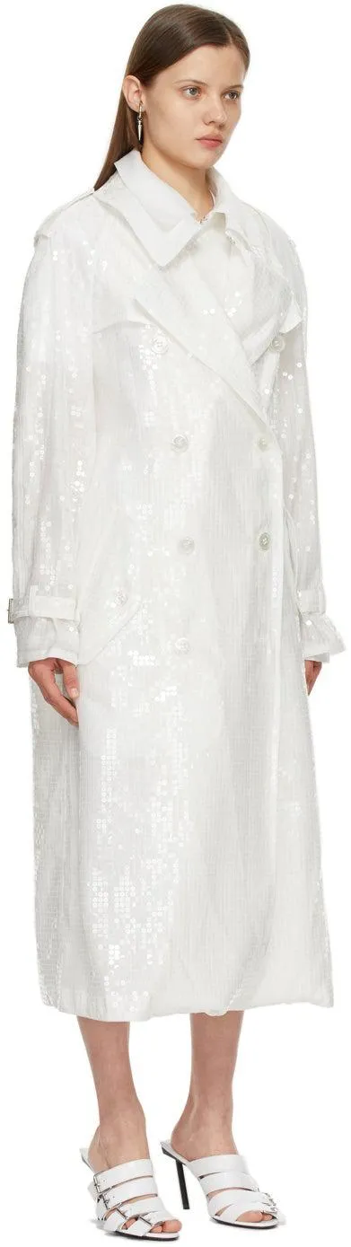 Junya Watanabe White Sequin Organdy Double-Breasted Trench Coat