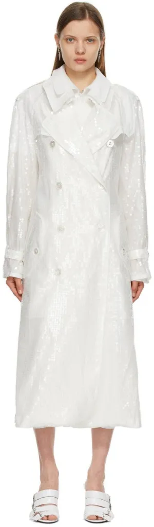 Junya Watanabe White Sequin Organdy Double-Breasted Trench Coat
