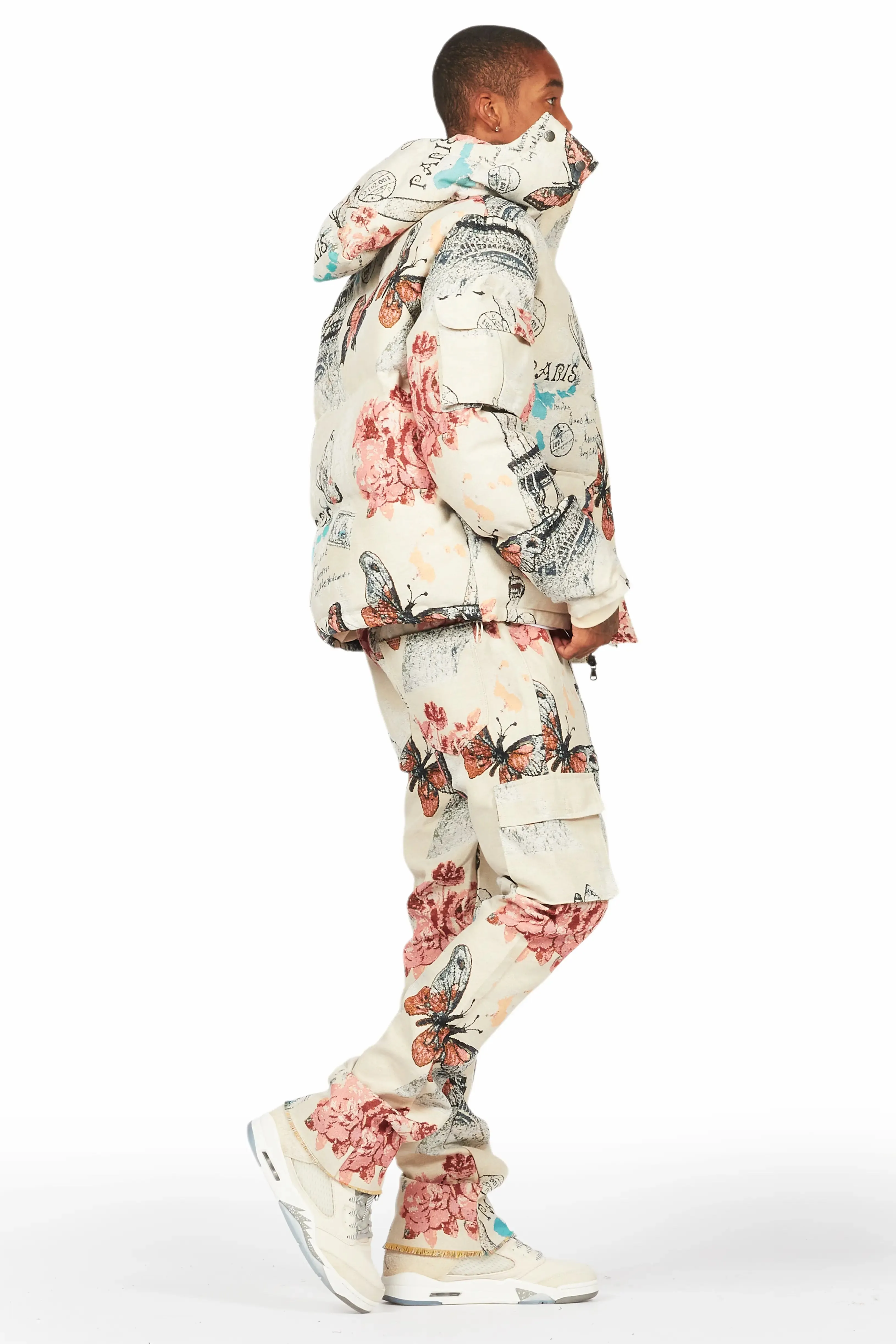 Lamont Beige Multi Tapestry Puffer Jacket