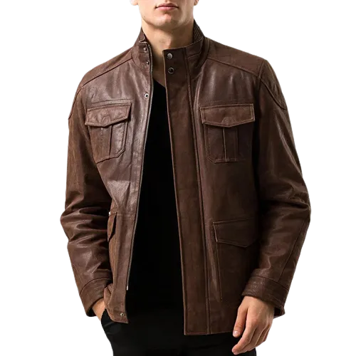 Mens Hunter Front Pocket Brown Genuine Cow Leather Jacket