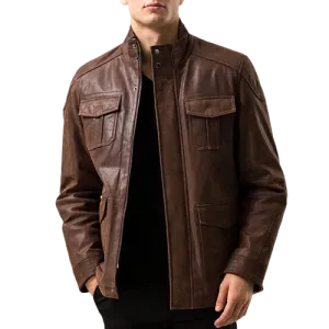 Mens Hunter Front Pocket Brown Genuine Cow Leather Jacket