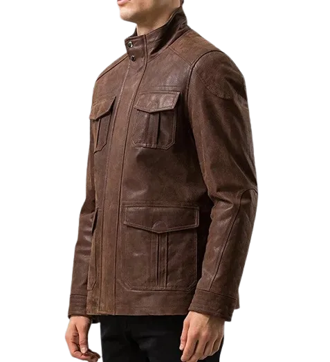 Mens Hunter Front Pocket Brown Genuine Cow Leather Jacket