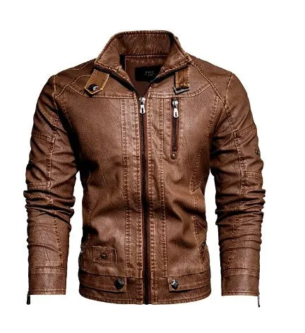 Men's Slim Fit PU Leather Motorcycle Jacket - Fleece-Lined Autumn & Spring Casual Biker Coat