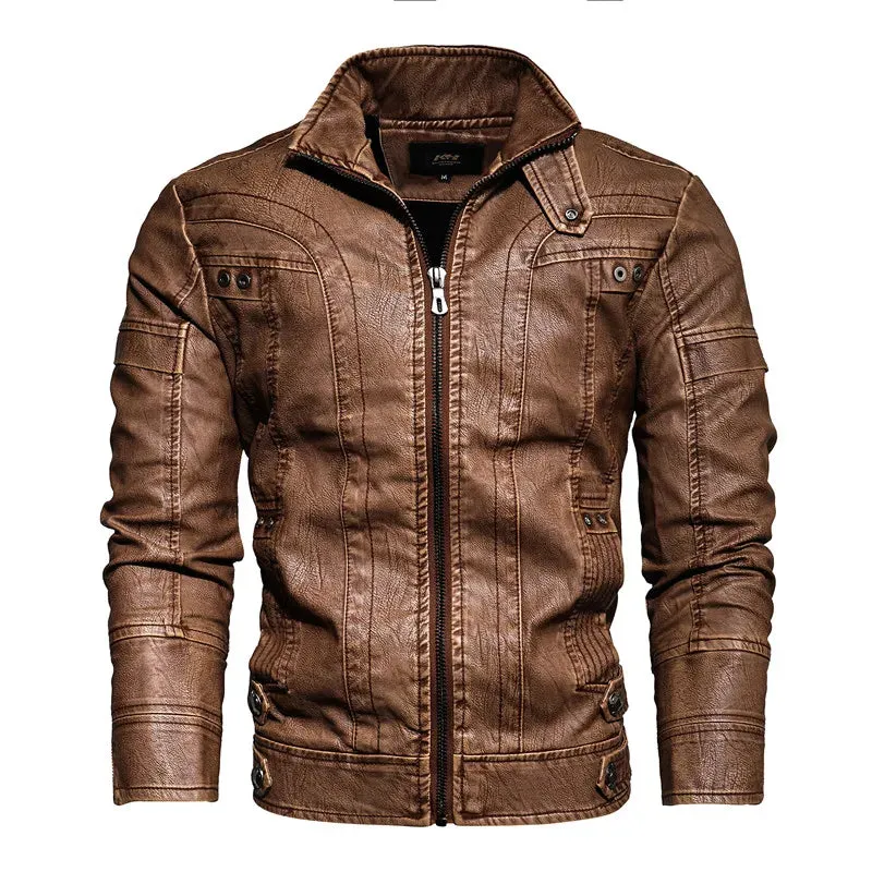 Men's Slim Fit PU Leather Motorcycle Jacket - Fleece-Lined Autumn & Spring Casual Biker Coat