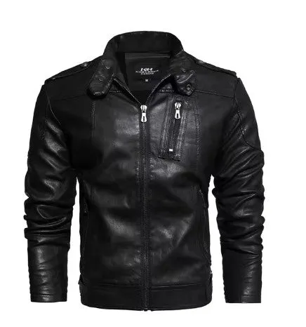 Men's Slim Fit PU Leather Motorcycle Jacket - Fleece-Lined Autumn & Spring Casual Biker Coat