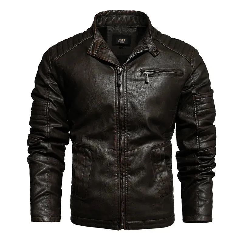 Men's Slim Fit PU Leather Motorcycle Jacket - Fleece-Lined Autumn & Spring Casual Biker Coat