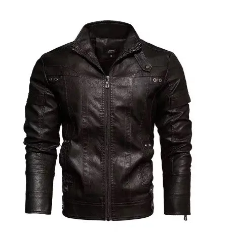 Men's Slim Fit PU Leather Motorcycle Jacket - Fleece-Lined Autumn & Spring Casual Biker Coat