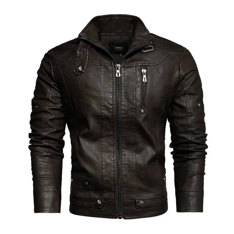 Men's Slim Fit PU Leather Motorcycle Jacket - Fleece-Lined Autumn & Spring Casual Biker Coat