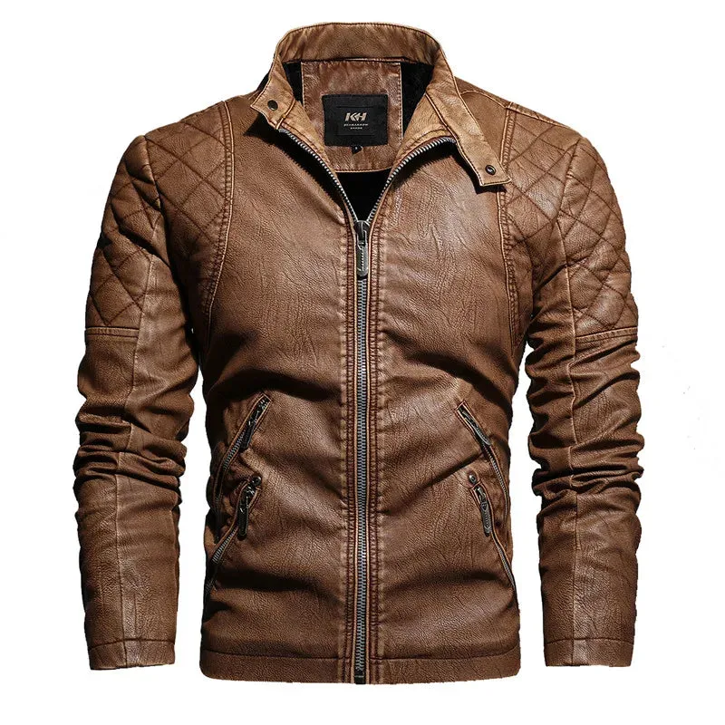 Men's Slim Fit PU Leather Motorcycle Jacket - Fleece-Lined Autumn & Spring Casual Biker Coat