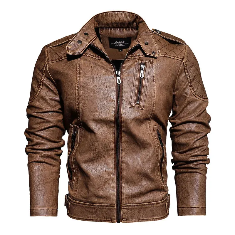 Men's Slim Fit PU Leather Motorcycle Jacket - Fleece-Lined Autumn & Spring Casual Biker Coat