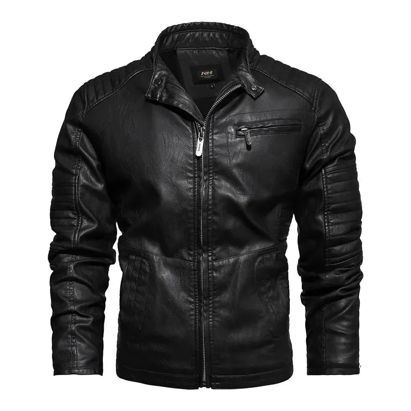 Men's Slim Fit PU Leather Motorcycle Jacket - Fleece-Lined Autumn & Spring Casual Biker Coat