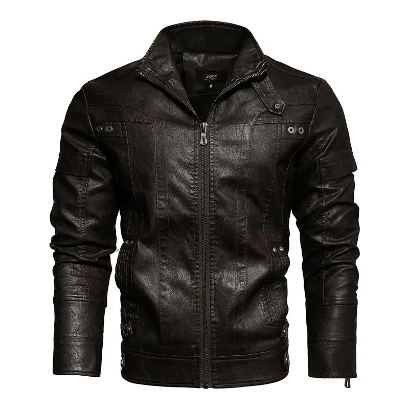 Men's Slim Fit PU Leather Motorcycle Jacket - Fleece-Lined Autumn & Spring Casual Biker Coat