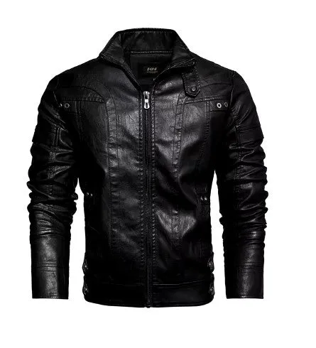 Men's Slim Fit PU Leather Motorcycle Jacket - Fleece-Lined Autumn & Spring Casual Biker Coat