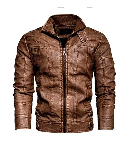 Men's Slim Fit PU Leather Motorcycle Jacket - Fleece-Lined Autumn & Spring Casual Biker Coat