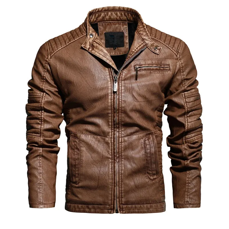 Men's Slim Fit PU Leather Motorcycle Jacket - Fleece-Lined Autumn & Spring Casual Biker Coat