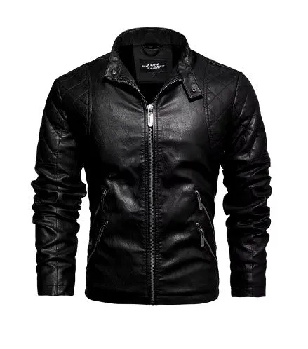 Men's Slim Fit PU Leather Motorcycle Jacket - Fleece-Lined Autumn & Spring Casual Biker Coat