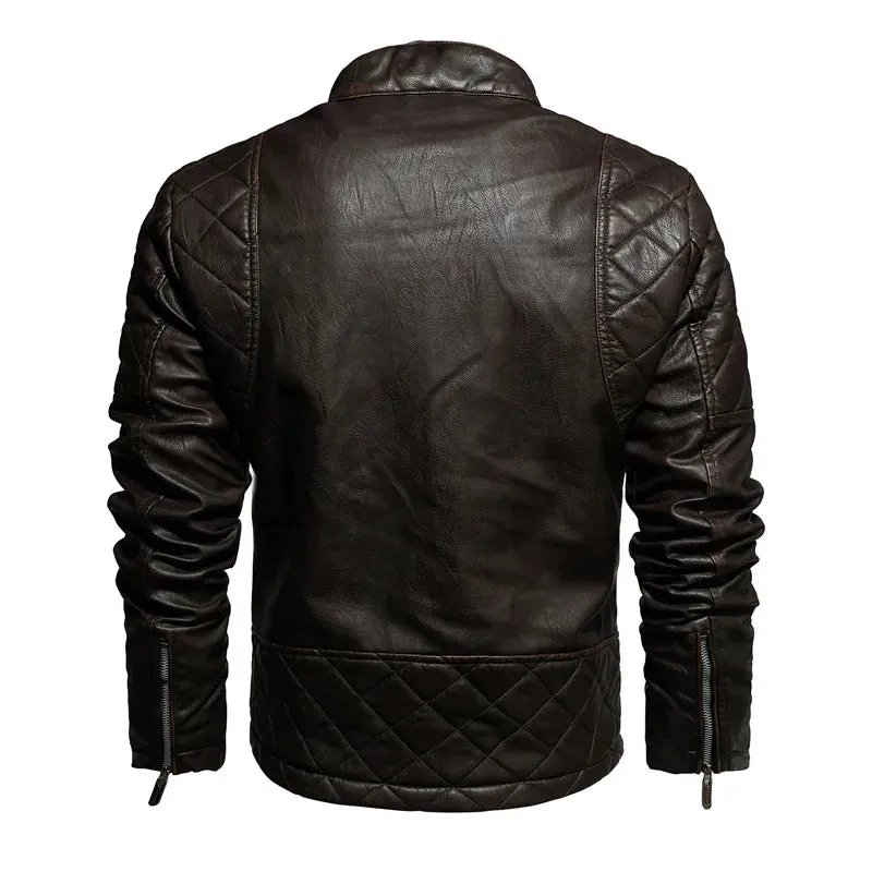 Men's Slim Fit PU Leather Motorcycle Jacket - Fleece-Lined Autumn & Spring Casual Biker Coat