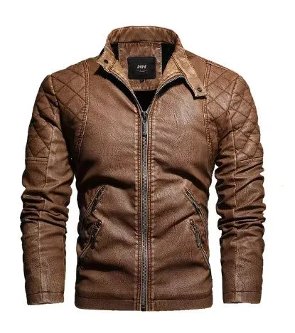 Men's Slim Fit PU Leather Motorcycle Jacket - Fleece-Lined Autumn & Spring Casual Biker Coat