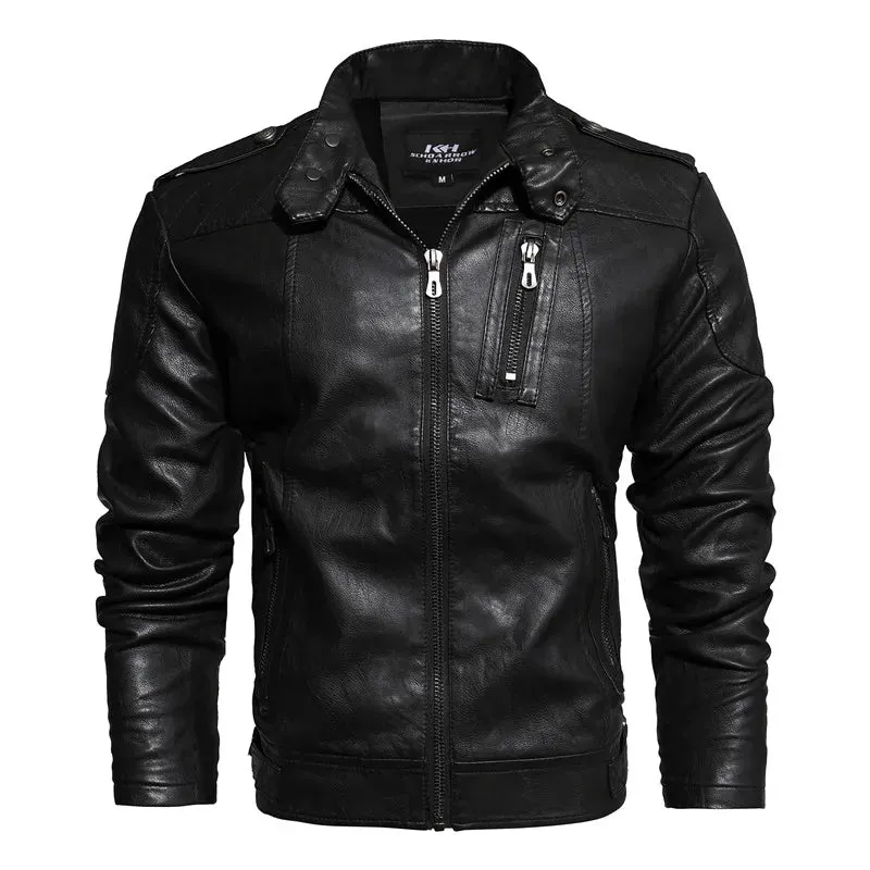 Men's Slim Fit PU Leather Motorcycle Jacket - Fleece-Lined Autumn & Spring Casual Biker Coat