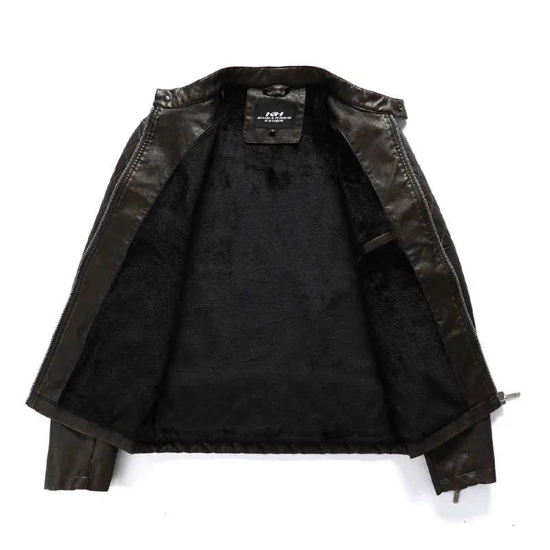 Men's Slim Fit PU Leather Motorcycle Jacket - Fleece-Lined Autumn & Spring Casual Biker Coat