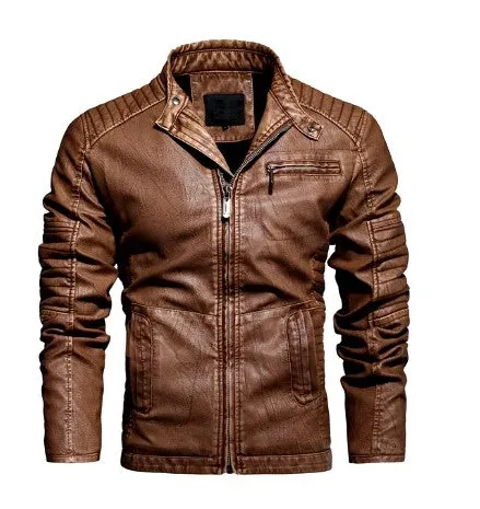 Men's Slim Fit PU Leather Motorcycle Jacket - Fleece-Lined Autumn & Spring Casual Biker Coat